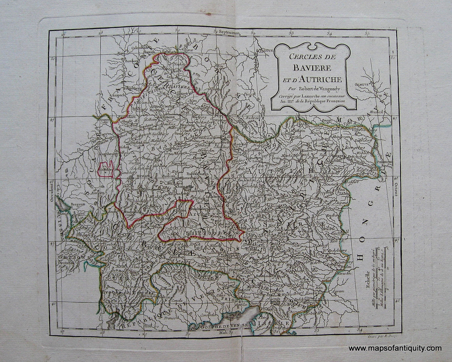 Engraved-Antique-Map-Cercles-de-Baviere-et-d'Autriche-Austria--1760-Robert-de-Vaugondy-Maps-Of-Antiquity