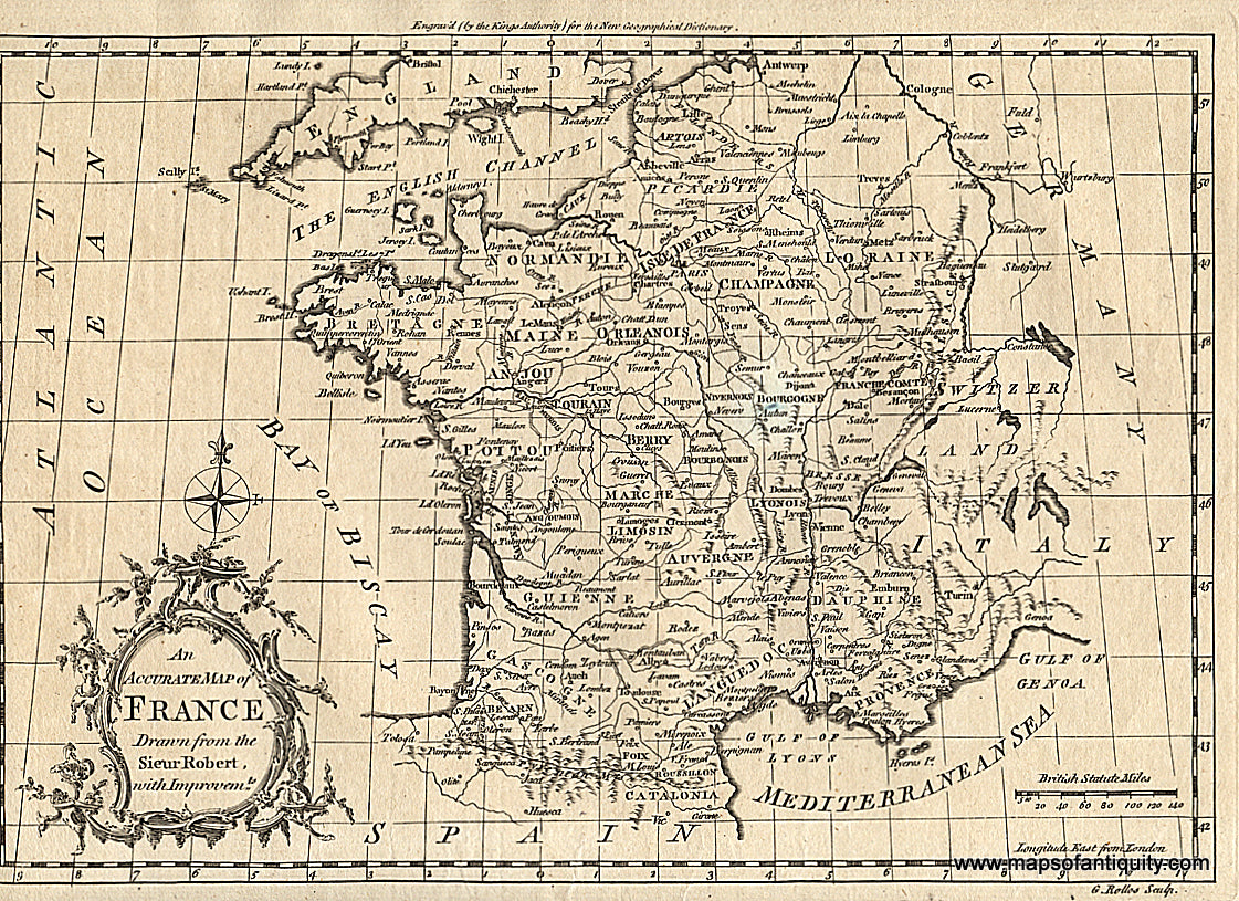 Antique-Black-and-White-Engraved-Map-An-Accurate-Map-of-France-Drawn-from-the-Sieur-Robert-with-Improvements.---1759-Rollos-Maps-Of-Antiquity