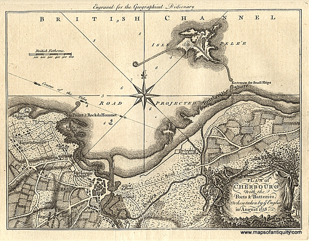 Antique-Black-and-White-Engraved-Map-Plan-of-Cherbourg-with-the-Forts-and-Batteries-when-taken-by-the-English-in-August-1758.---1759-Rollos-Maps-Of-Antiquity