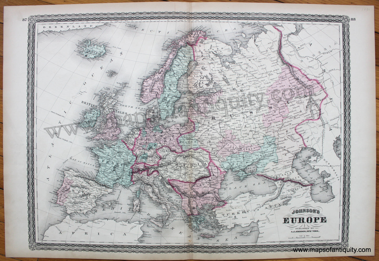 Antique-Hand-Colored-Map-Johnson's-Europe-1880-Alvin-J.-Johnson-&-Son-1800s-19th-century-Maps-of-Antiquity