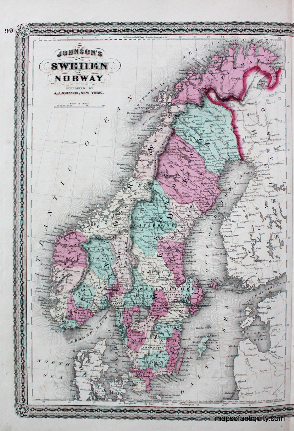 Antique-Hand-Colored-Map-Sweden-and-Norway----1870-Johnson-Maps-Of-Antiquity