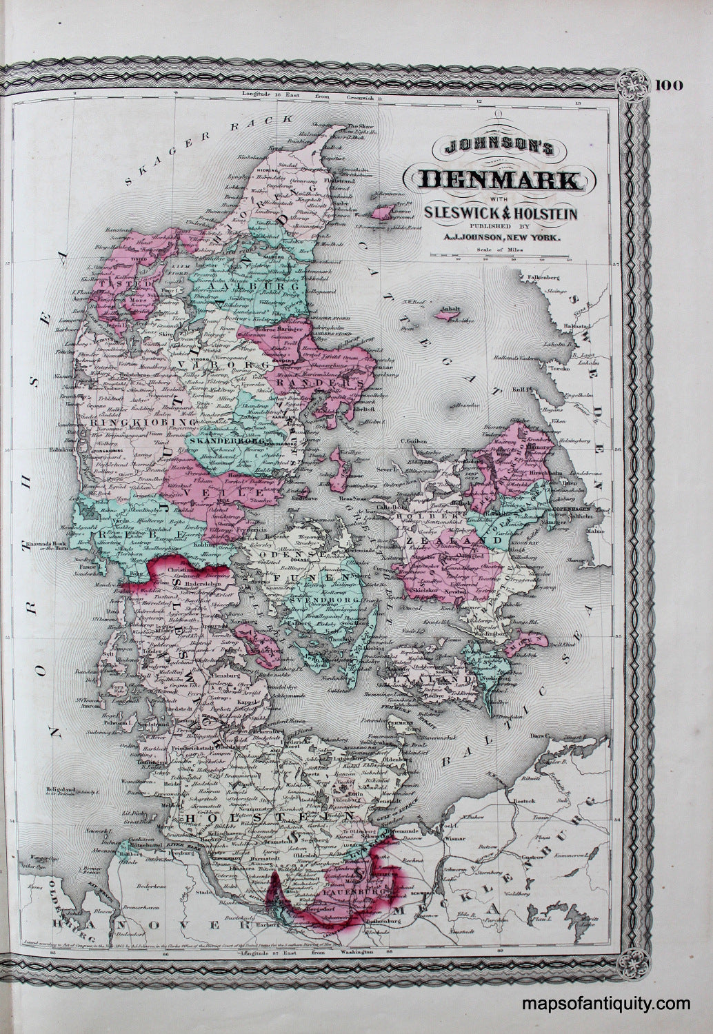 Antique-Hand-Colored-Map-Denmark-with-Sleswick-&-Holstein---1870-Johnson-Maps-Of-Antiquity