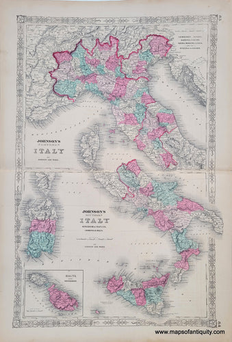 Antique map of Italy separated into Northern Italy and Southern Italy with Sicily, Sardinia, Malta, published 1864 by Johnson & Ward, Maps of antiquity