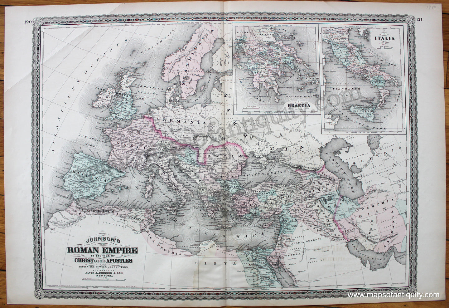 Antique-Map-Johnson's-Roman-Empire-Imperium-Romanorum-Latissme-Patens-1880-1800s-19th-century-time-of-Christ-Apostles-Saint-Paul