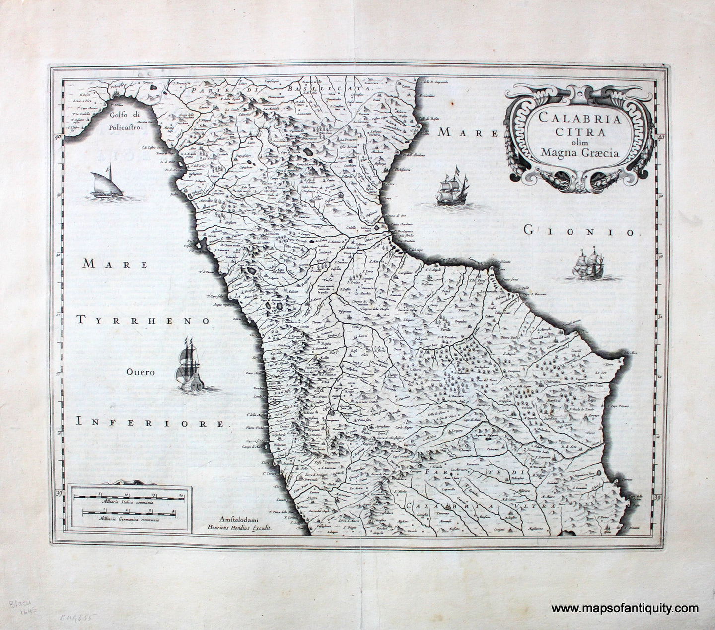 Antique-Engraved-Black-and-White-Map-Calabria-Citra-olim-Magna-Graecia---1645-Blaeu-Maps-Of-Antiquity