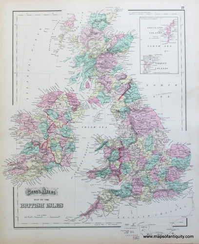 Antique-Hand-Colored-Map-Gray's-Atlas-Map-of-British-Isles-England--1874-Gray-Maps-Of-Antiquity