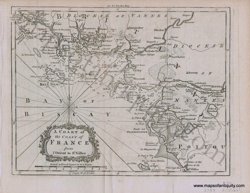 Black-and-White-Antique-Map-A-Chart-of-the-Coast-of-France-from-L'Orient-to-St.-Gilles-Europe-France-1759-London-Magazine-Maps-Of-Antiquity