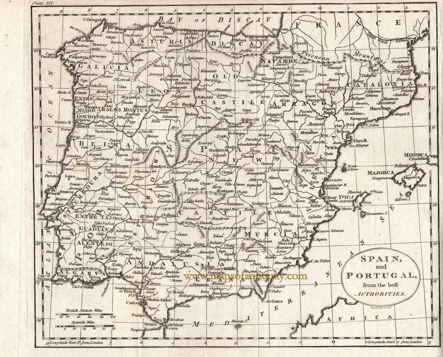 Black-and-White-Antique-Map-Spain-and-Portugal-from-the-Best-Authorities-Europe--1805-Guthrie-Maps-Of-Antiquity