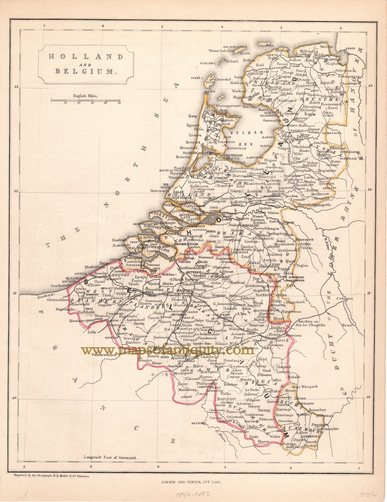 Antique-Hand-Colored-Map-Holland-and-Belgium-Europe--c.-1840-Virtue-Maps-Of-Antiquity