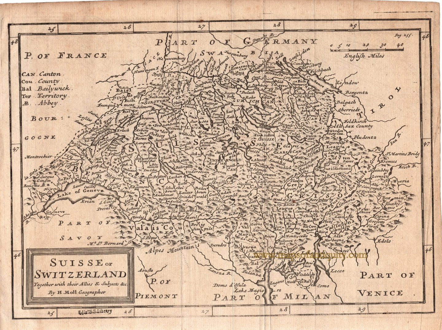 Black-and-White-Antique-Map-Suisse-or-Switzerland-Together-with-their-Allies-&-Subjects-Europe--c.-1735-Moll-Maps-Of-Antiquity