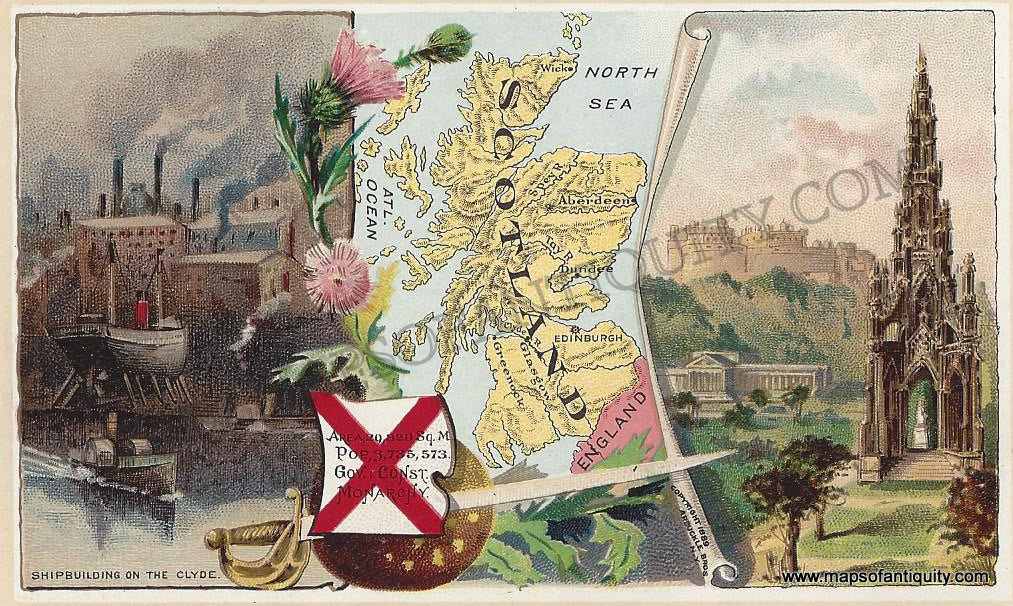 Antique-Chromolithograph-Map-Scotland-1890-Arbuckle-1800s-19th-century-Maps-of-Antiquity