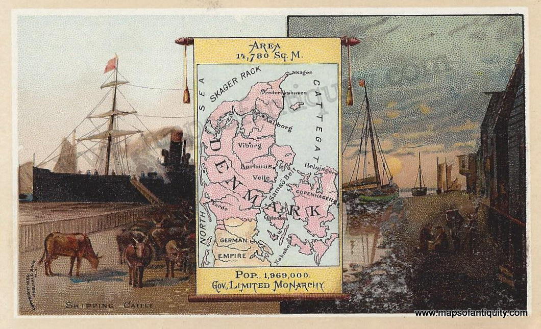 Antique-Chromolithograph-Map-Denmark-1890-Arbuckle-1800s-19th-century-Maps-of-Antiquity