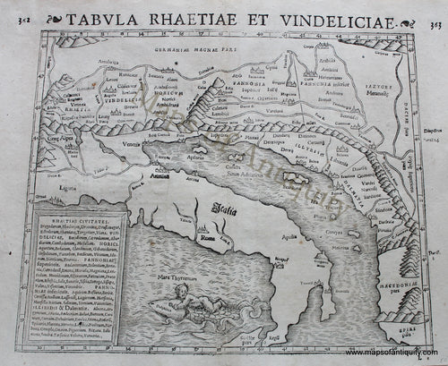 Antique-Black-and-White-Engraved-Map-Tabula-Rhaetiae-et-Vindeliciae---362-363**********-Balkans--1550-Munster-Maps-Of-Antiquity