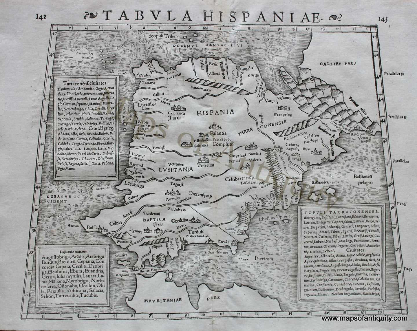 Antique-Black-and-White-Engraved-Map-Tabula-Hispaniae-Spain-and-Portugal-**********-Europe-Spain-and-Portugal-1542-Munster-Maps-Of-Antiquity