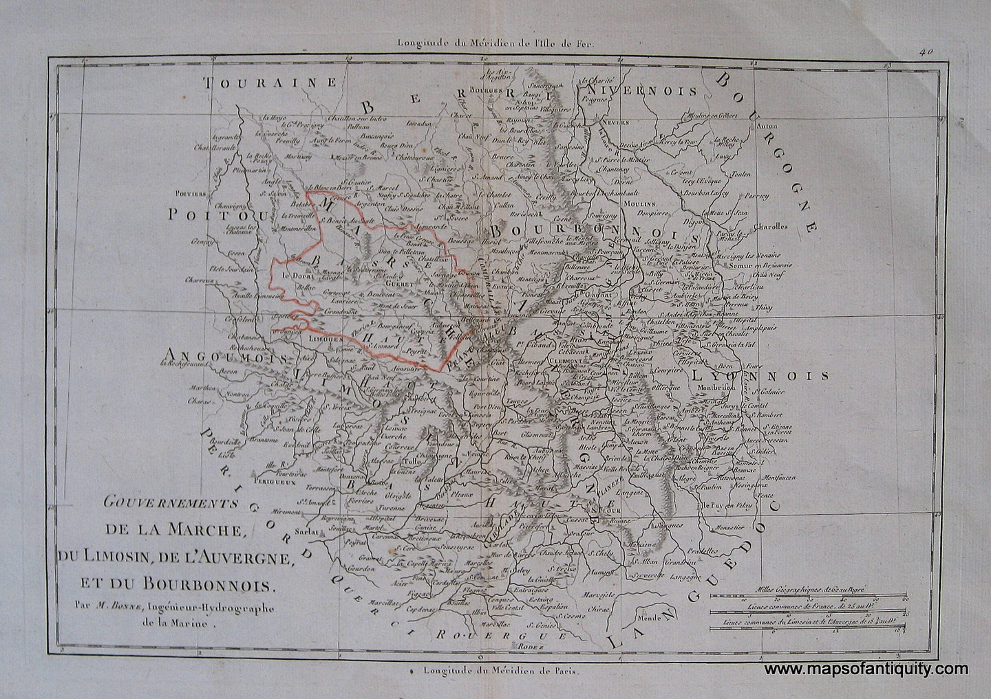 Antique-Black-and-White-Engraved-Map-Gouvernements-de-la-Marche-du-Limosin-de-L'Auvergne-et-du-Bourbonnois.-France--1771-Bonne-Maps-Of-Antiquity