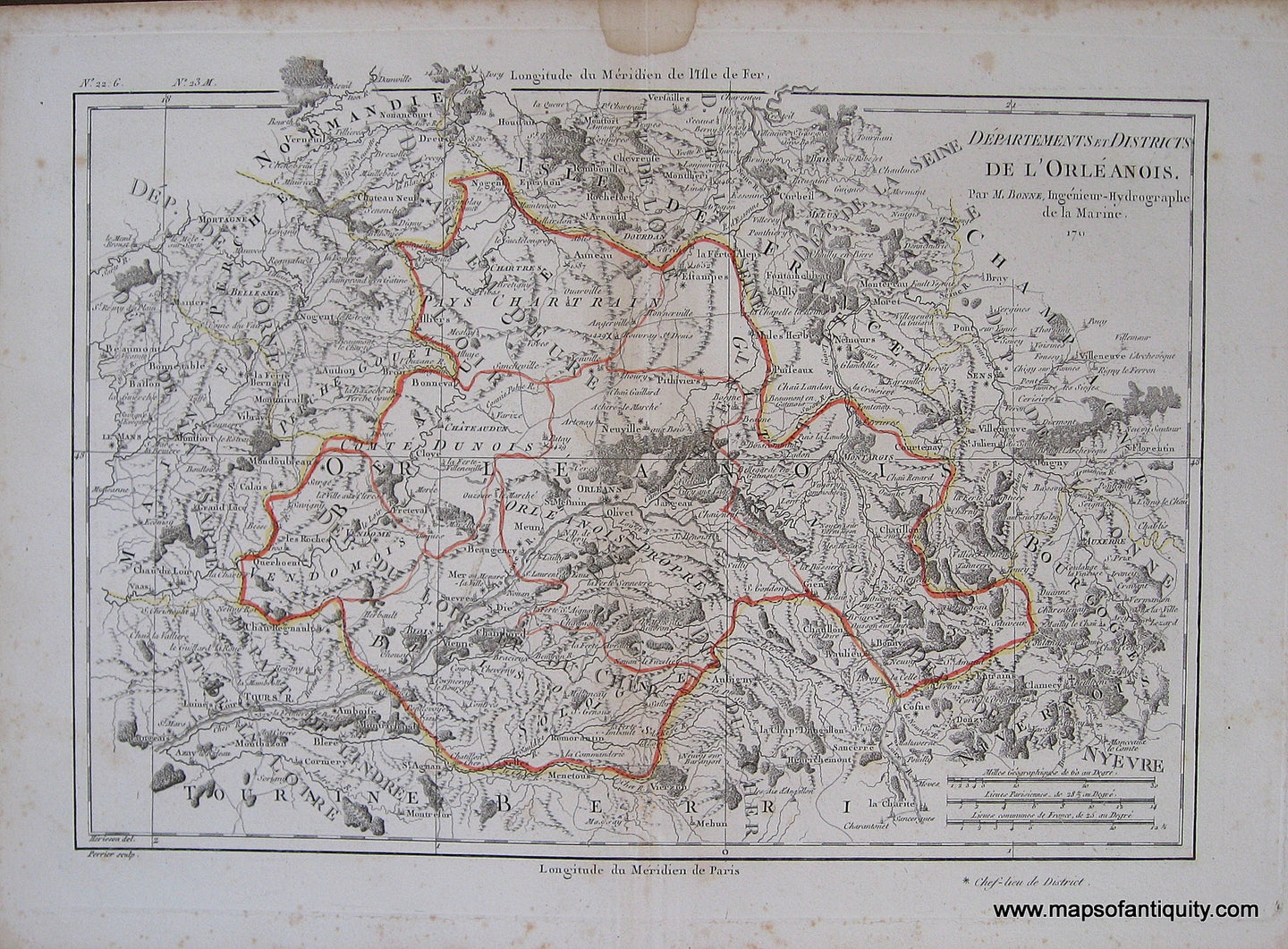 Antique-Black-and-White-Engraved-Map-with-Outline-Color-Departements-et-Districts-de-L'Orleanois.-France--1790-Bonne-Maps-Of-Antiquity