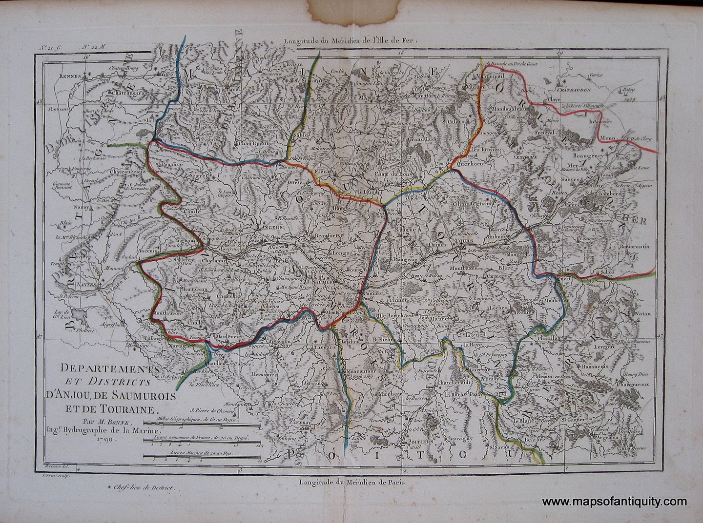 Antique-Black-and-White-Engraved-Map-with-Outline-Color-Departements-et-Districts-d'Anjou-de-Saumurois-et-de-Touraine.-France--1790-Bonne-Maps-Of-Antiquity