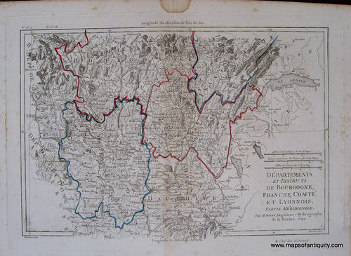 Antique-Black-and-White-Engraved-Map-with-Outline-Color-Departements-et-Districts-de-Bourgogne-Franche-Comte-et-Lyonnois.-Partie-Meridionale.-France--1790-Bonne-Maps-Of-Antiquity