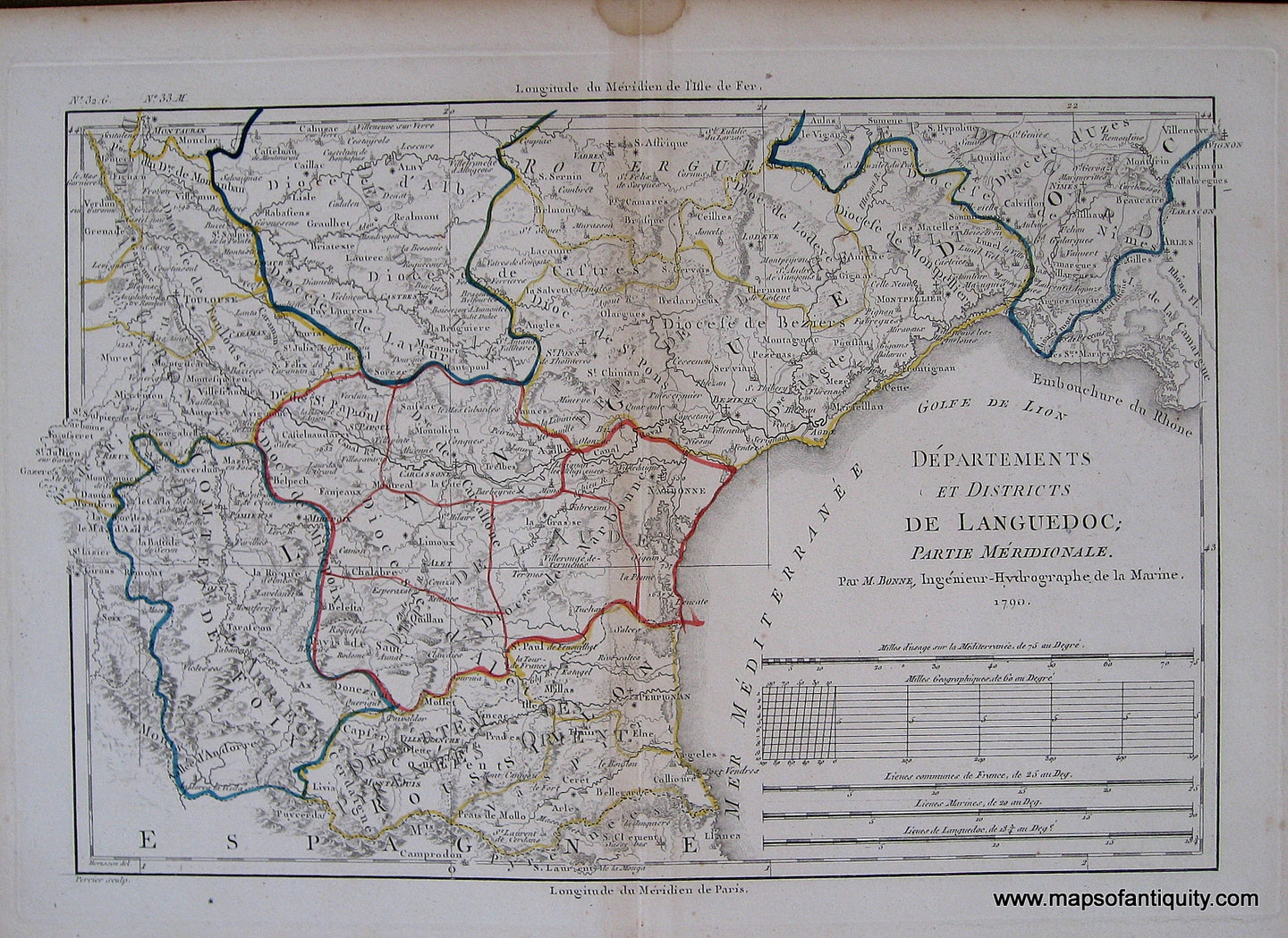 Antique-Black-and-White-Engraved-Map-with-Outline-Color-Departements-et-Districts-de-Languedoc-Partie-Meridionale.-**********-France--1790-Bonne-Maps-Of-Antiquity