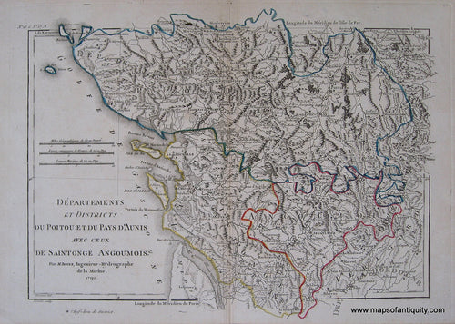 Antique-Black-and-White-Engraved-Map-with-Outline-Color-Departements-et-Districts-du-Poitou-et-du-Pays-d'Aunis-avec-ceux-de-Saintonge-Angoumois.-France--1790-Bonne-Maps-Of-Antiquity