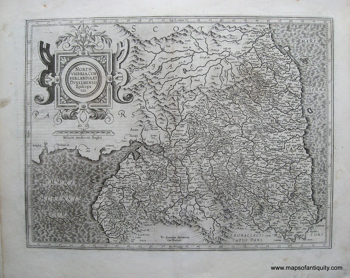 Antique-Black-and-White-Engraved-Map-Northumbria-Cumberlandia-et-Dunelmensis-Episcopatus-******-England--1613-Mercator-Maps-Of-Antiquity