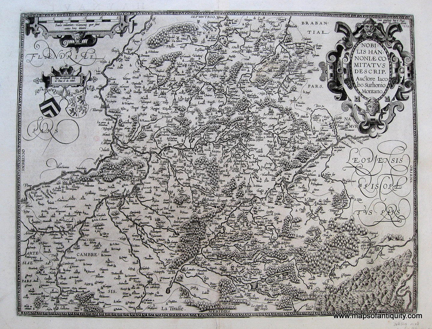 Antique-Black-and-White-Engraved-Map-Nobilis-Hannoniae-Comitatus-Belgium-**ON-HOLD**-Belgium--1579-Ortelius-Maps-Of-Antiquity
