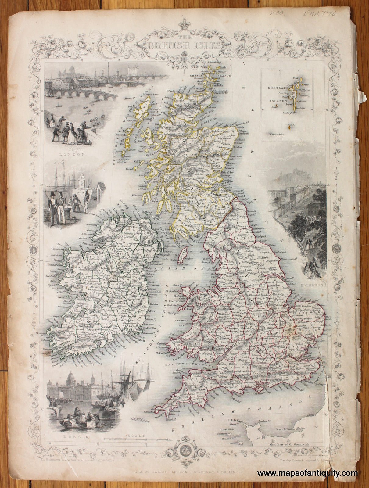 Antique-Hand-Colored-Map-British-Isles-Europe-United-Kingdom-1851-Tallis-Maps-Of-Antiquity