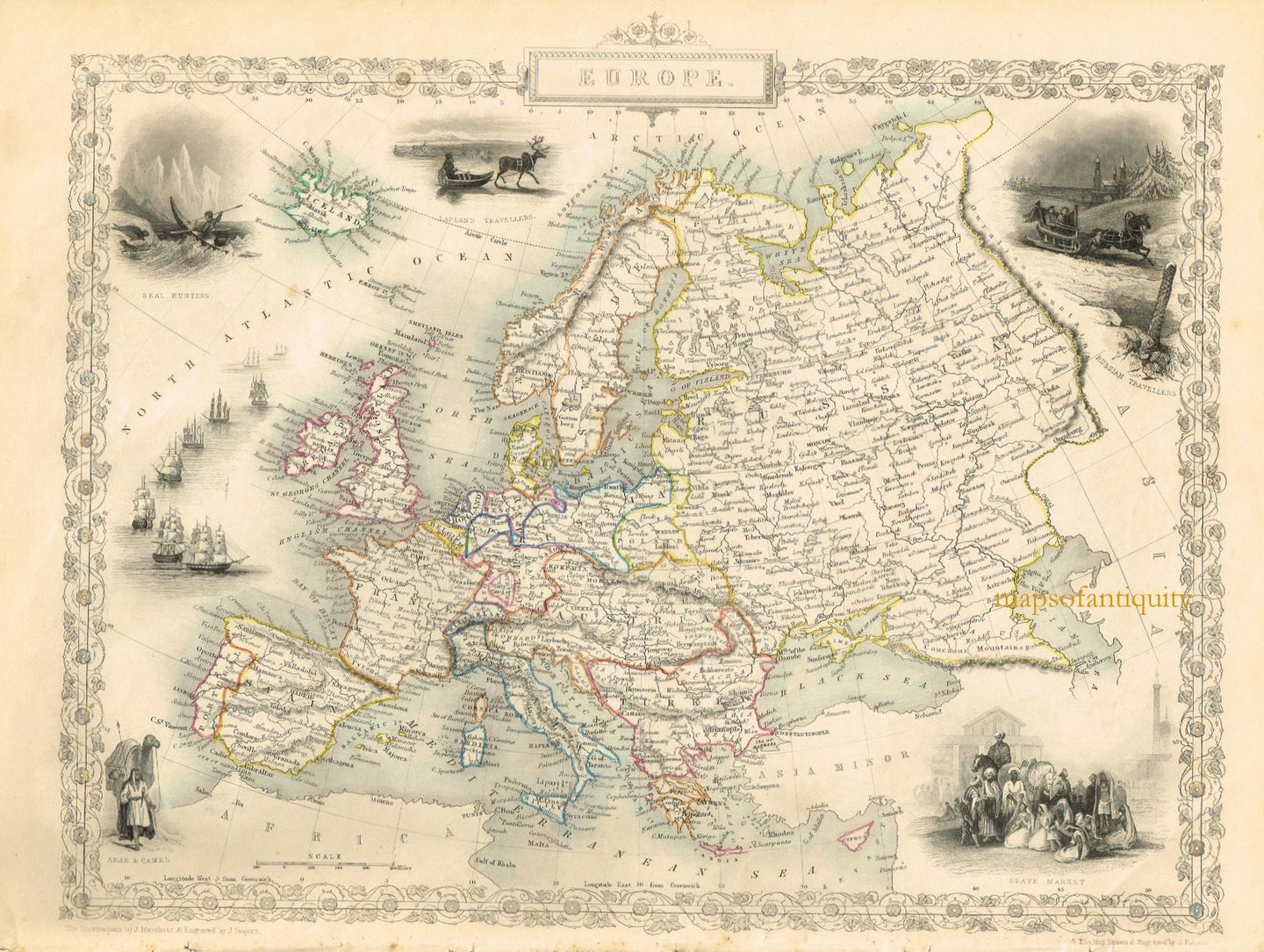 Antique-Hand-Colored-Map-Europe-Europe-Europe-General-1851-Tallis-Maps-Of-Antiquity