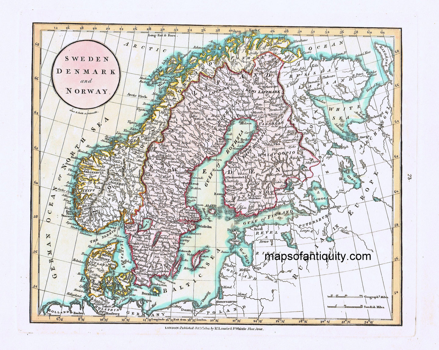 Hand-Colored-Engraved-Antique-Map-Sweden-Denmark-and-Norway-Europe-Scandinavia-1801-Laurie-and-Whittle-Maps-Of-Antiquity