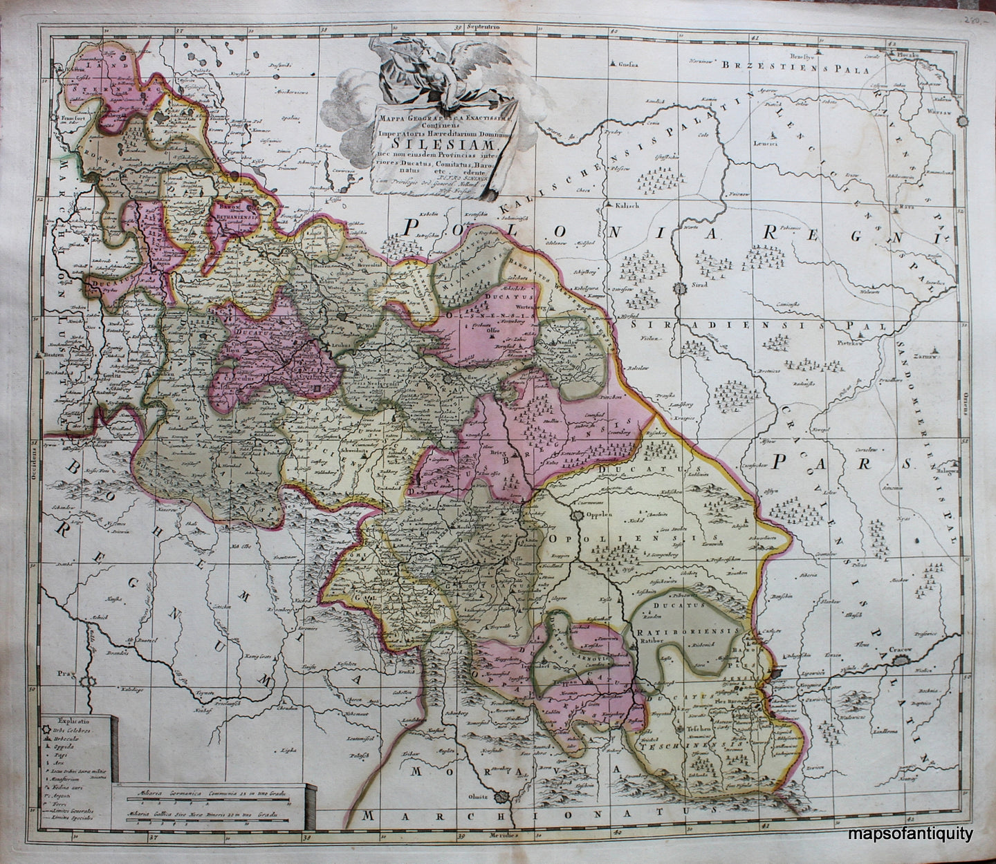 Hand-Colored-Engraved-Antique-Map-Mappa-Geographica-Exactissima-Continens-Imperatoris-Haereditarium-Dominium-Silesiam.-******-Europe-Silesia-1710-Schenck-Maps-Of-Antiquity