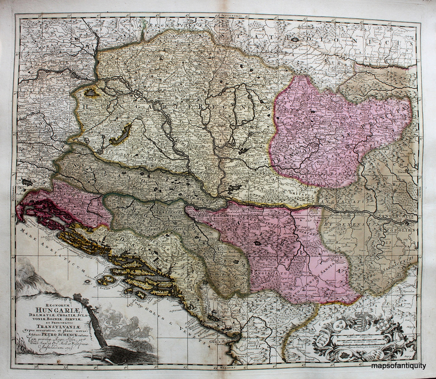 Hand-Colored-Engraved-Antique-Map-Regnorum-Hungariae-Dalmatiae-Croatiae-Sclavoniae-Bosniae-Serviae-at-Principatus-Transylvaniae-**********-Europe-Hungary-1705-Schenck-Maps-Of-Antiquity