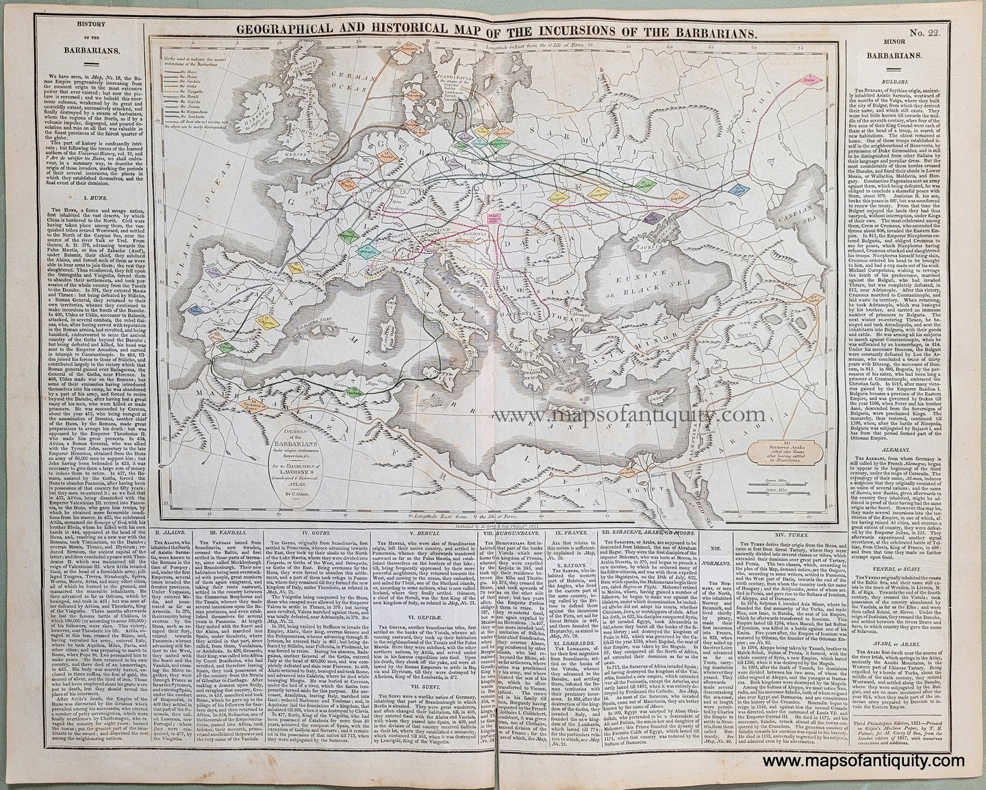 Antique-Hand-Colored-Map-Geographical-and-Historical-Map-of-the-Incursions-of-the-Barbarians.-No.-22.--Europe-Europe-General-1821-Lavoisne-Maps-Of-Antiquity