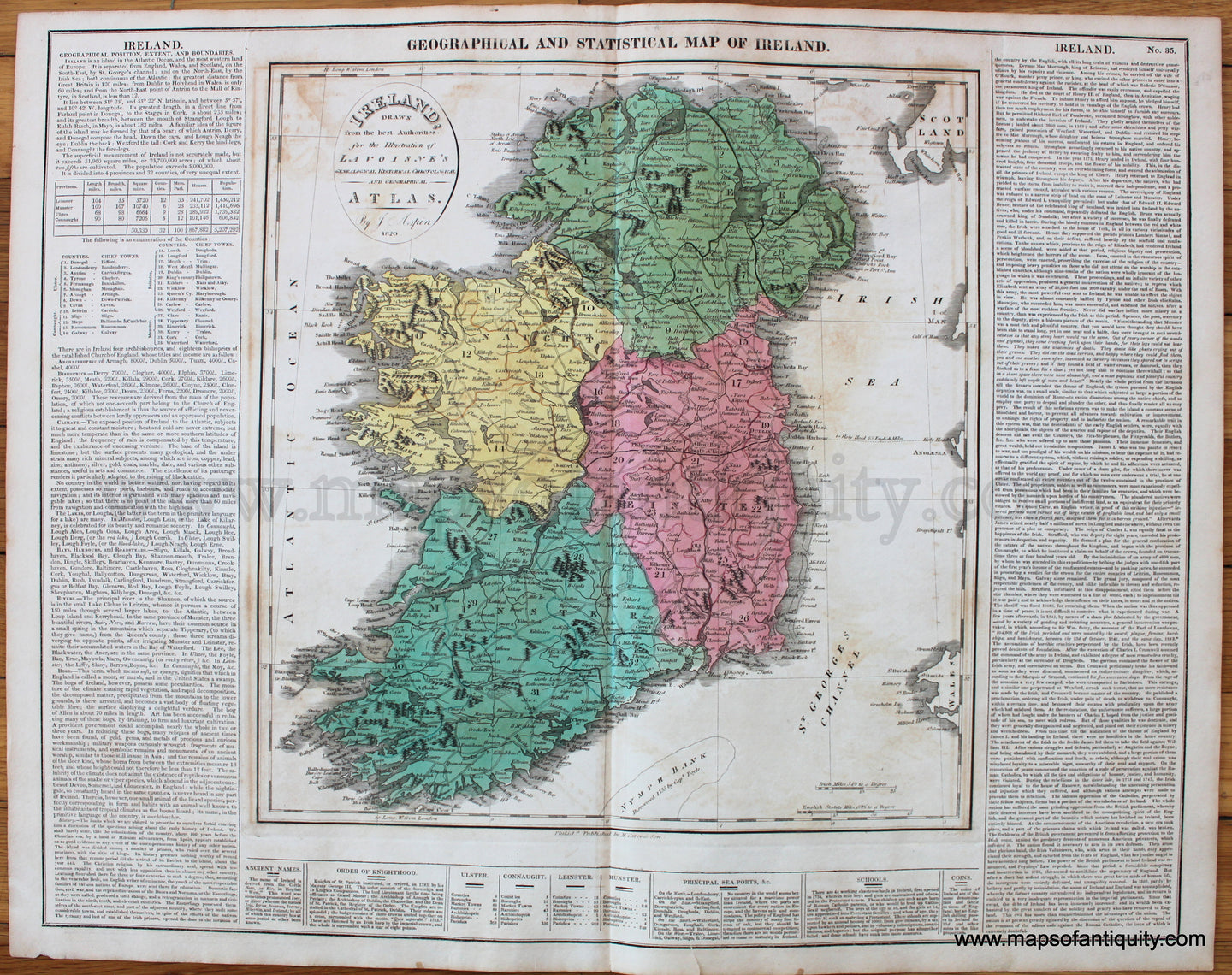 Antique-Hand-Colored-Map-Geographical-and-Statistical-Map-of-Ireland.-No.-35.--Europe-Ireland-1820-Lavoisne-Maps-Of-Antiquity