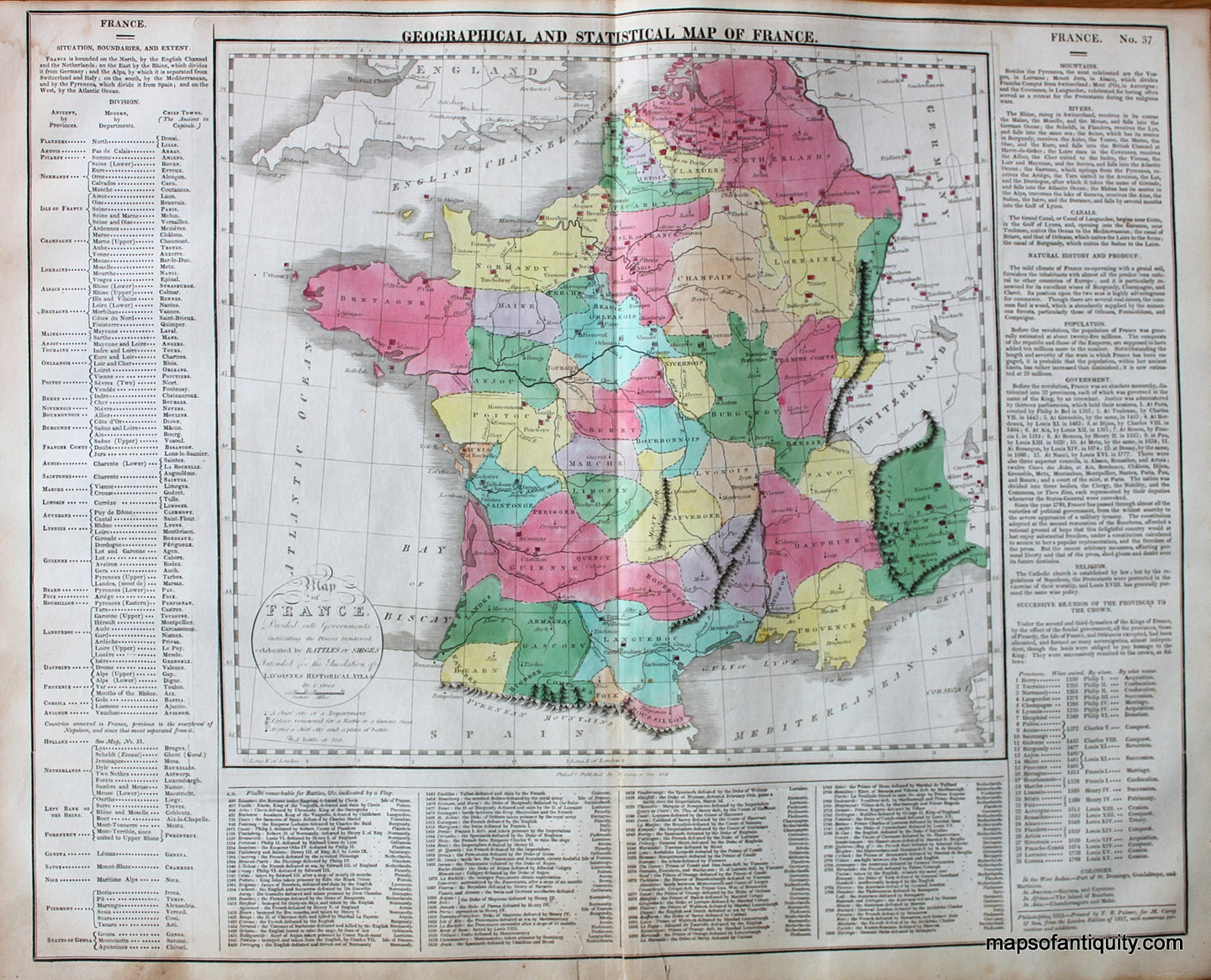 Antique-Hand-Colored-Map-Geographical-and-Statistical-Map-of-France.-No.-37-Europe-France-1821-Lavoisne-Maps-Of-Antiquity