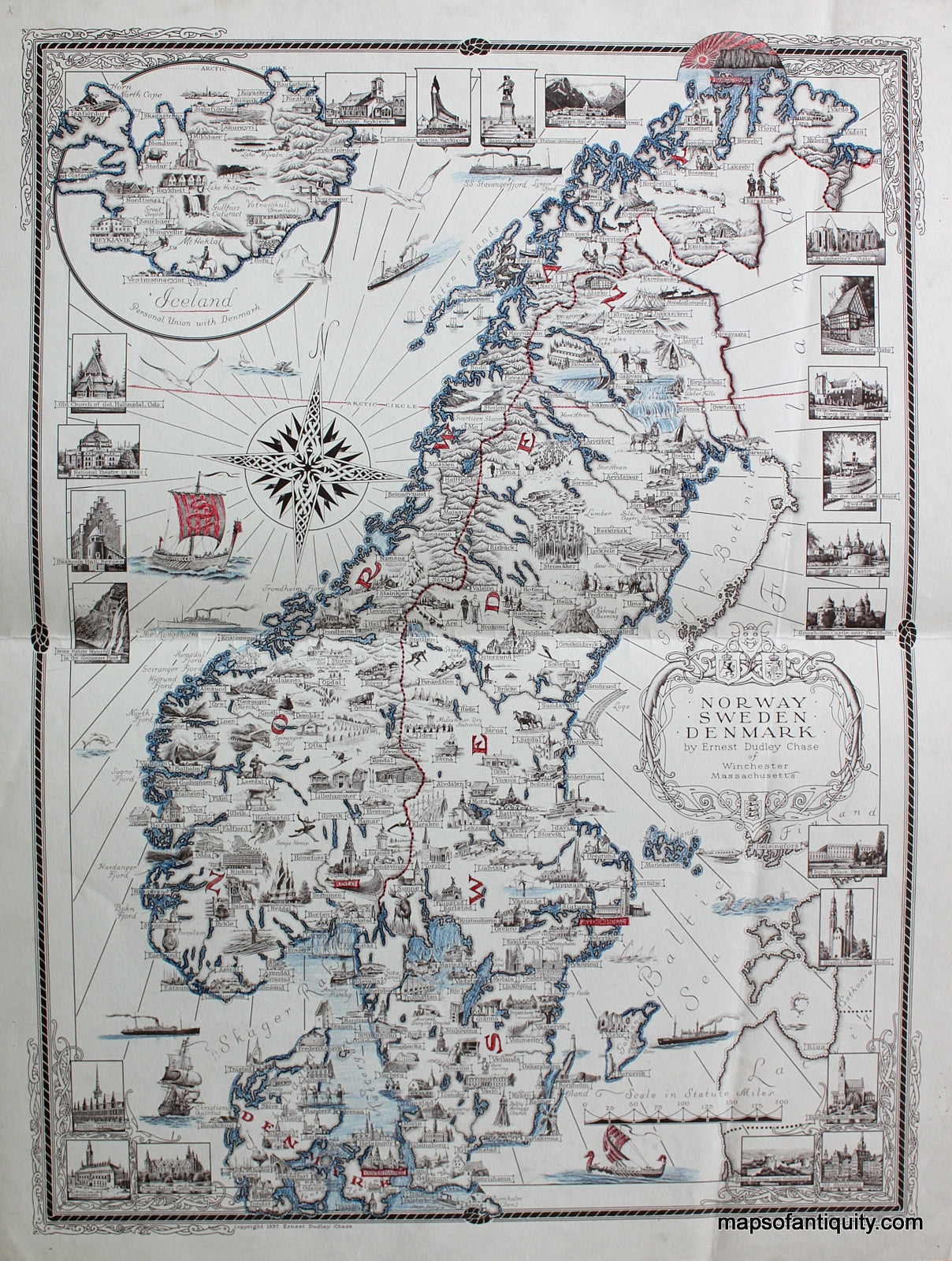 Antique-Pictorial-Map-Norway-Sweden-Denmark-by-Ernest-Dudley-Chase-(with-inset-of-Iceland)**********-Europe-Scandinavia-1937-Ernest-Dudley-Chase-Maps-Of-Antiquity