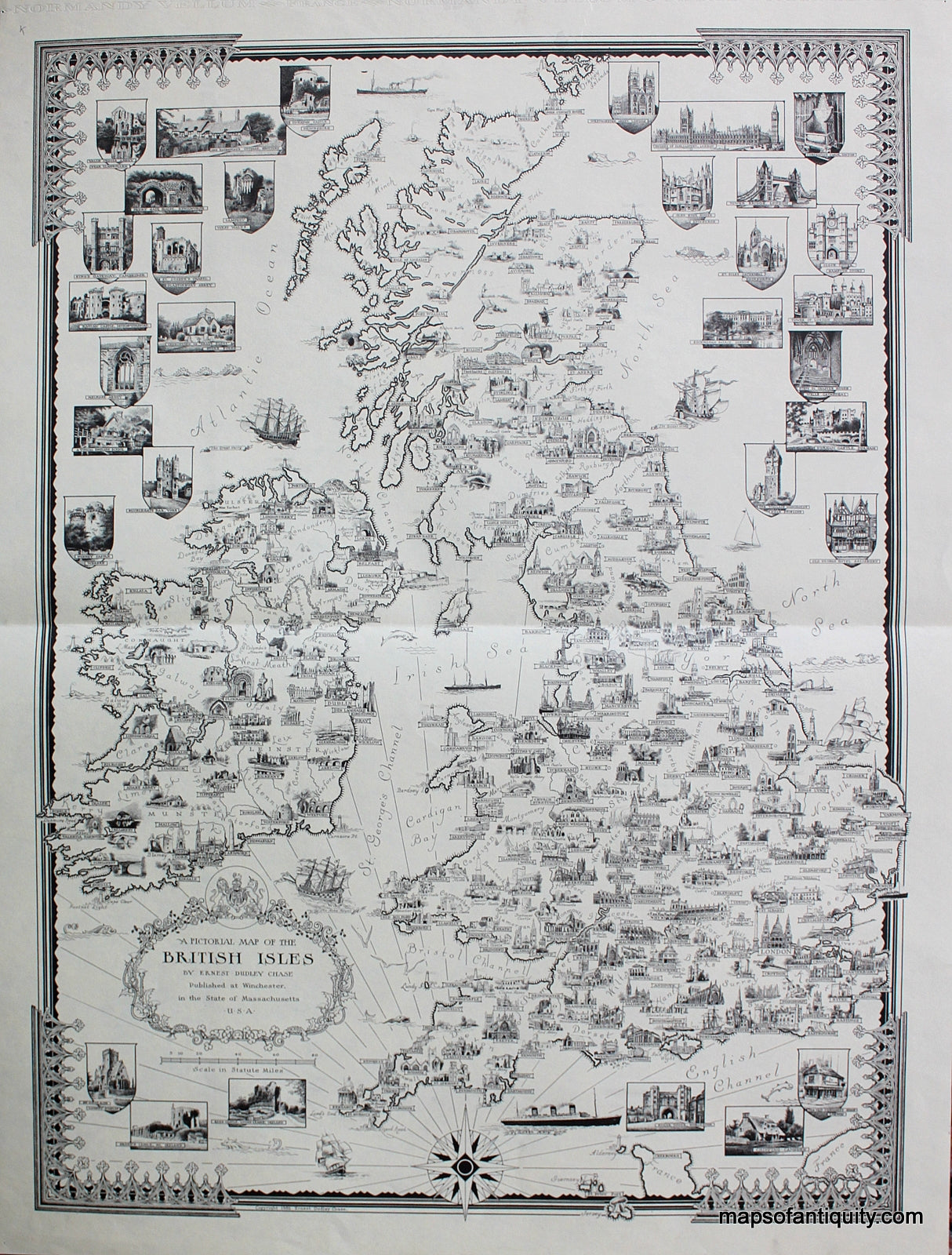 Antique-Black-and-White-Pictorial-Map-A-Pictorial-Map-of-the-British-Isles-by-Ernest-Dudley-Chase****-Europe-United-Kingdom-1935-Ernest-Dudley-Chase-Maps-Of-Antiquity