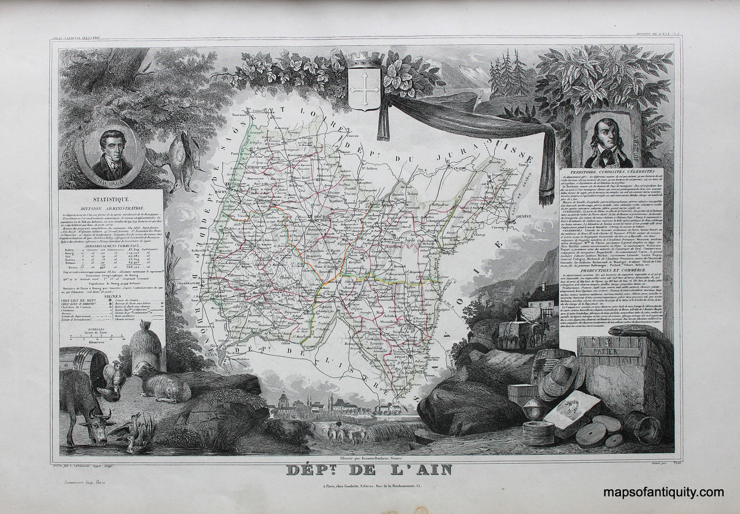 Antique-Hand-Colored-Map-Dept.-de-L'Ain-Europe-France-1851-Levasseur-Maps-Of-Antiquity