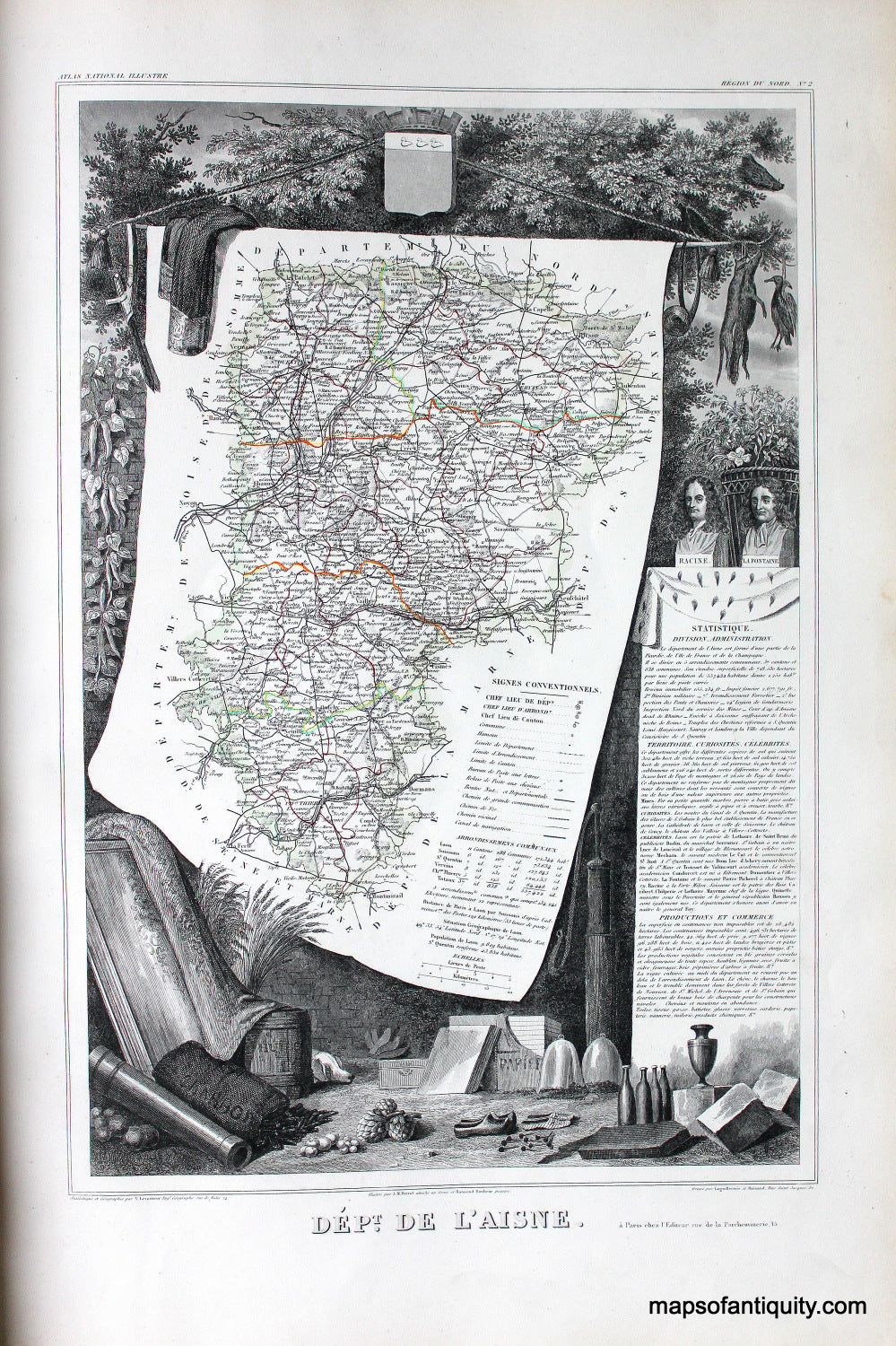 Antique-Hand-Colored-Map-Dept.-de-L'Aisne.-Europe-France-1851-Levasseur-Maps-Of-Antiquity
