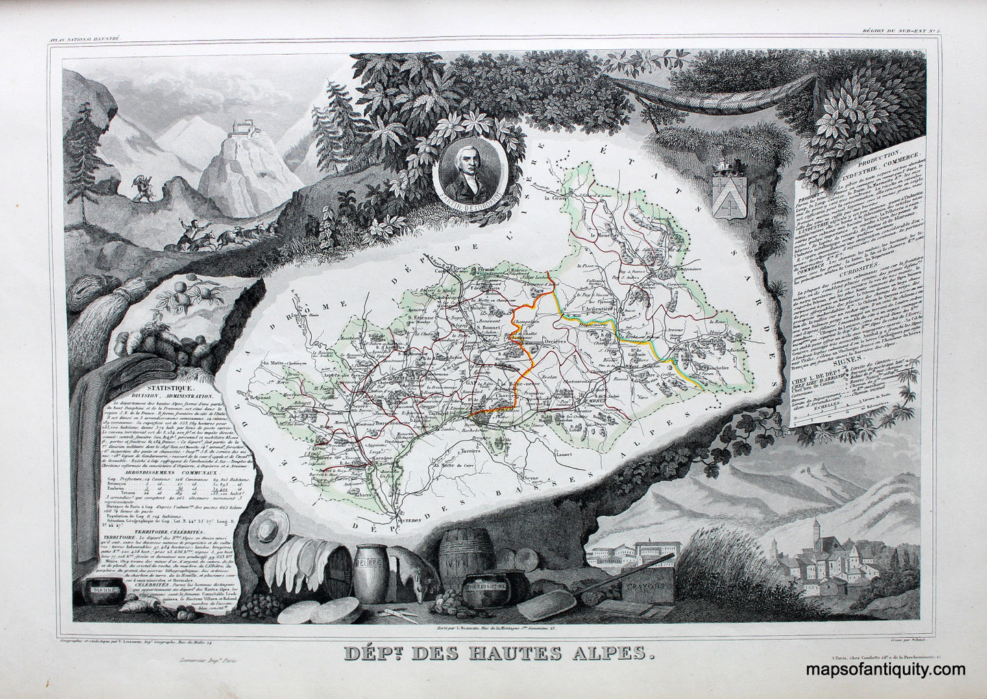 Antique-Hand-Colored-Map-Dept.-des-Hautes-Alpes.-Europe-France-1851-Levasseur-Maps-Of-Antiquity