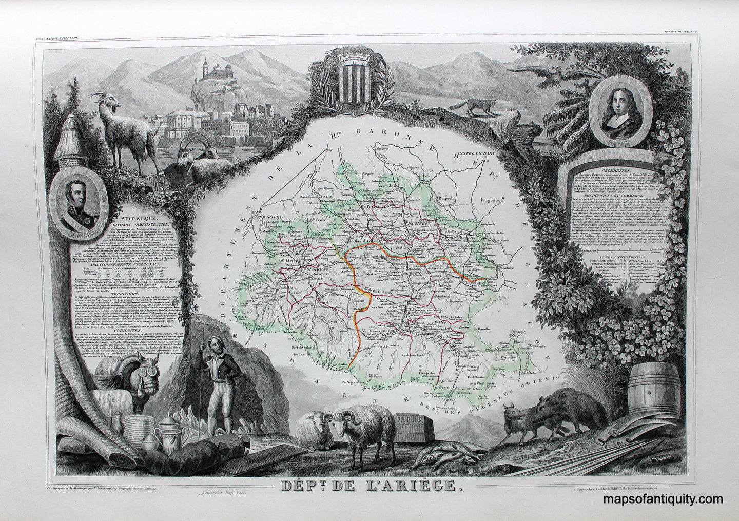Antique-Hand-Colored-Map-Dept.-de-L'Ariege.-Europe-France-1851-Levasseur-Maps-Of-Antiquity