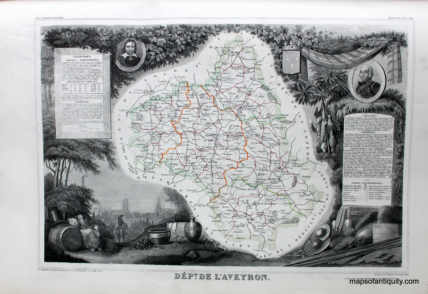 Antique-Hand-Colored-Map-Dept.-de-L'Aveyron.-Europe-France-1851-Levasseur-Maps-Of-Antiquity