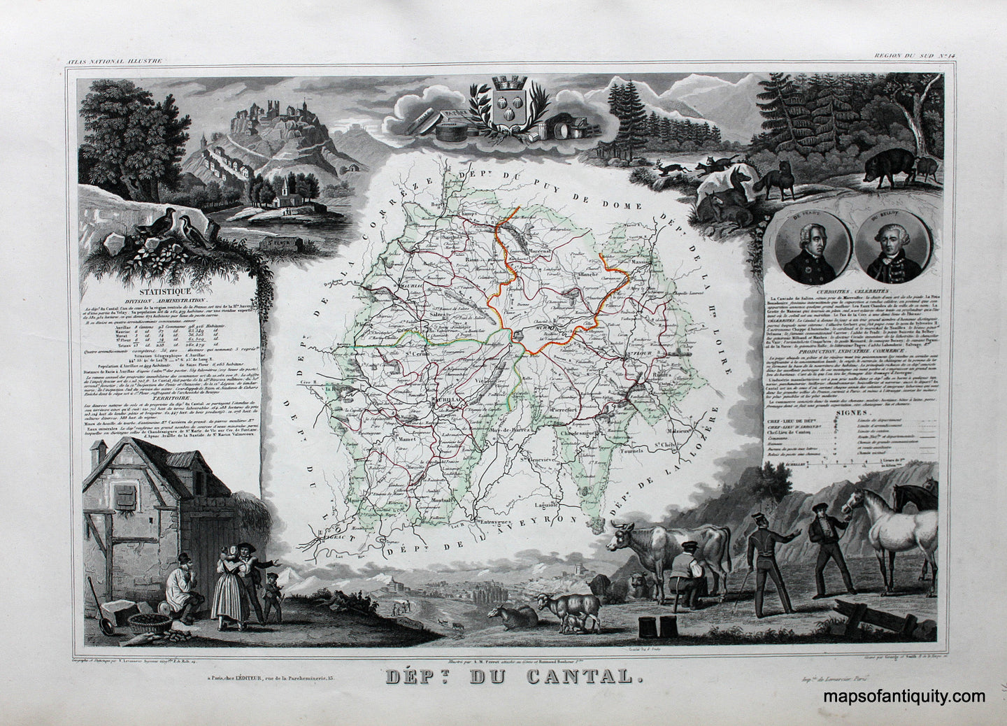 Antique-Hand-Colored-Map-Dept.-du-Cantal.-Europe-France-1851-Levasseur-Maps-Of-Antiquity