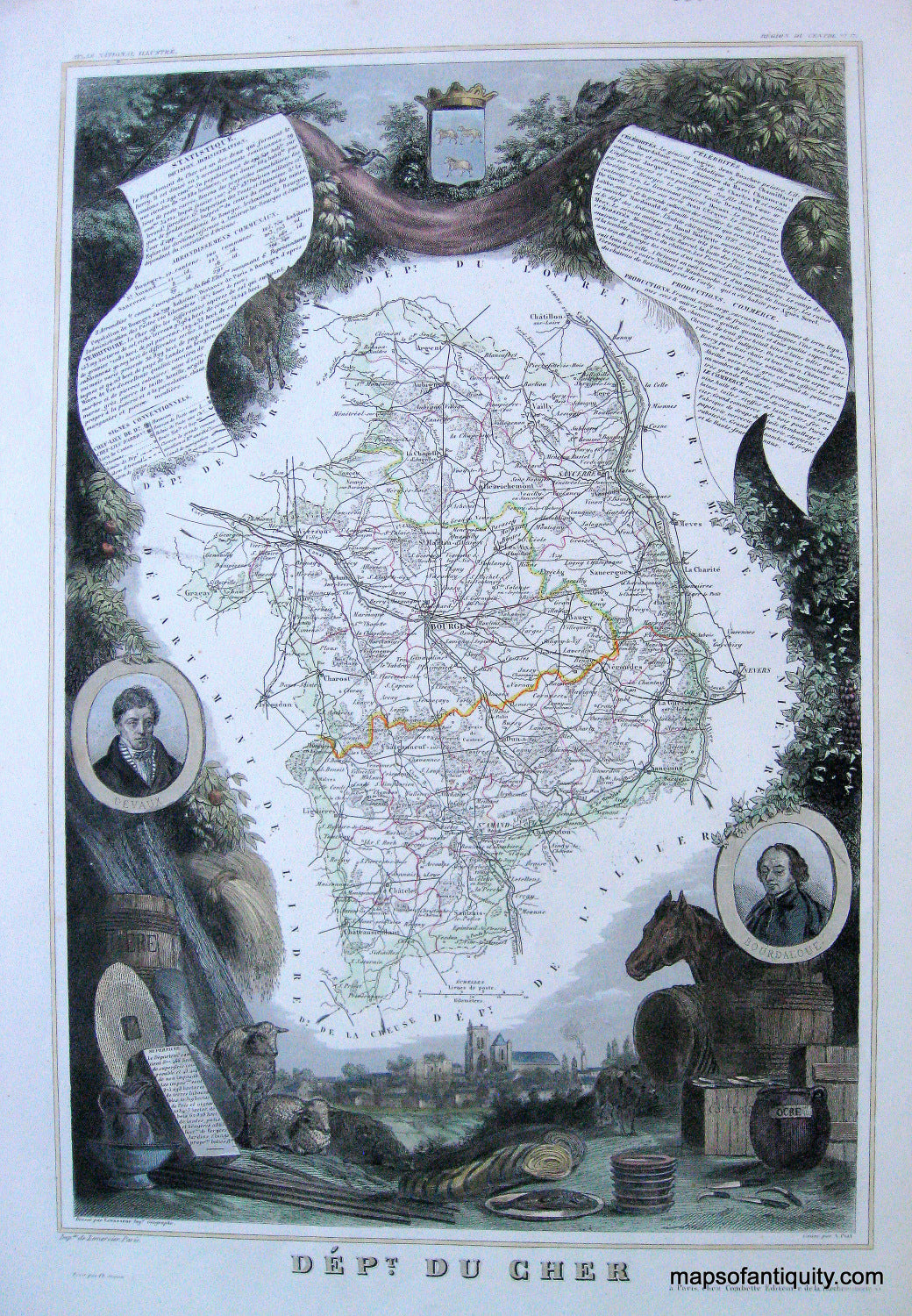 Antique-Hand-Colored-Map-Dept.-du-Cher-France-Europe-France-1851-Levasseur-Maps-Of-Antiquity