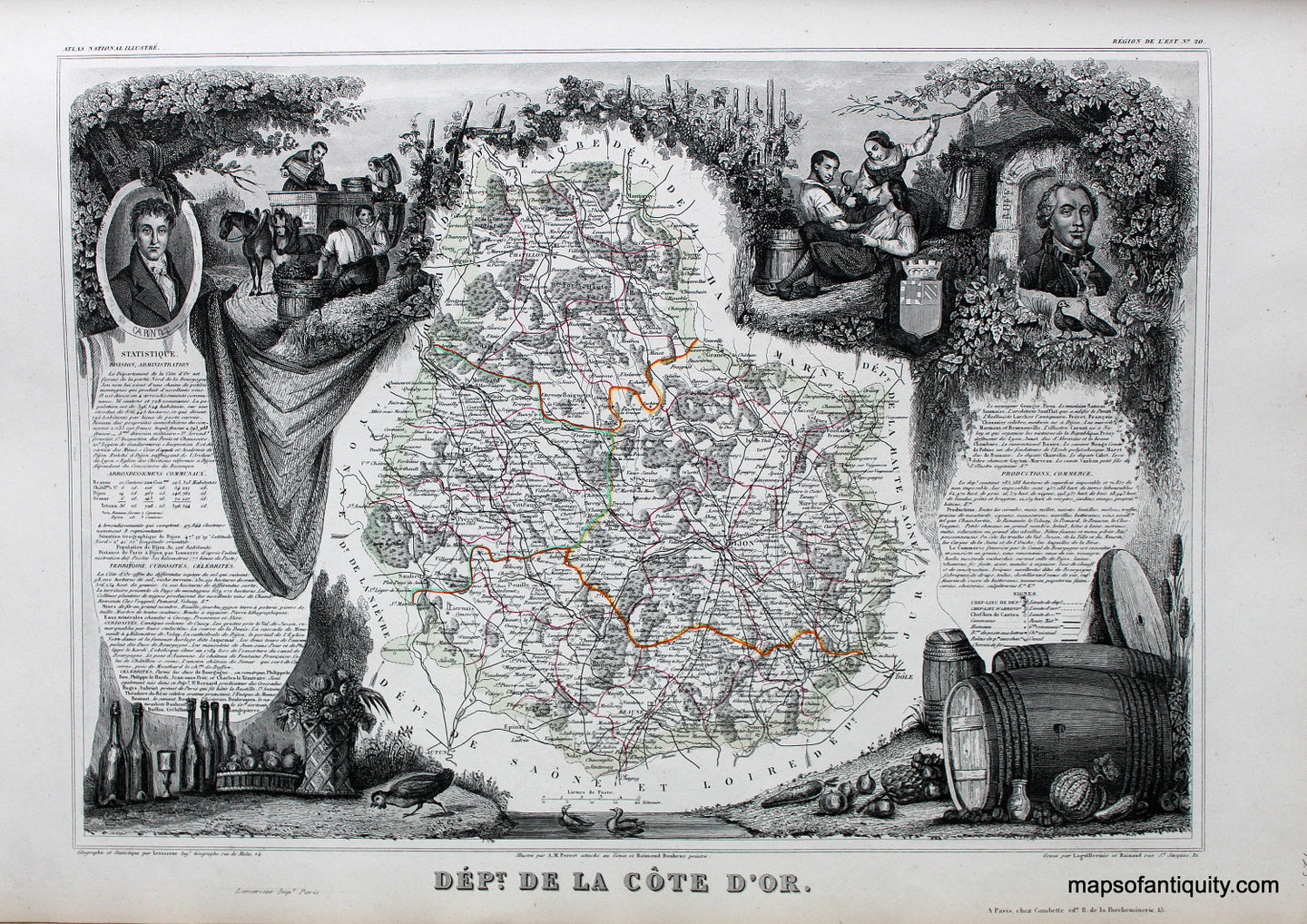 Antique-Hand-Colored-Map-Dept.-de-la-Cote-D'Or.-Europe-France-1851-Levasseur-Maps-Of-Antiquity