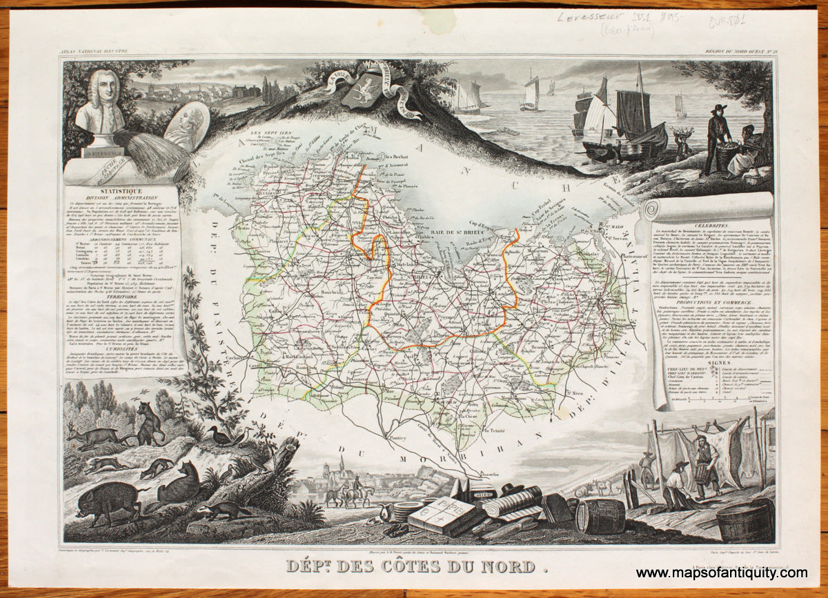 Antique-Map-France-French-Department-Departments-Dept.-des-Cotes-du-Nord-Cotes-d'Armor-Levasseur-1851-1850s-1800s-Mid-19th-Century-Maps-of-Antiquity