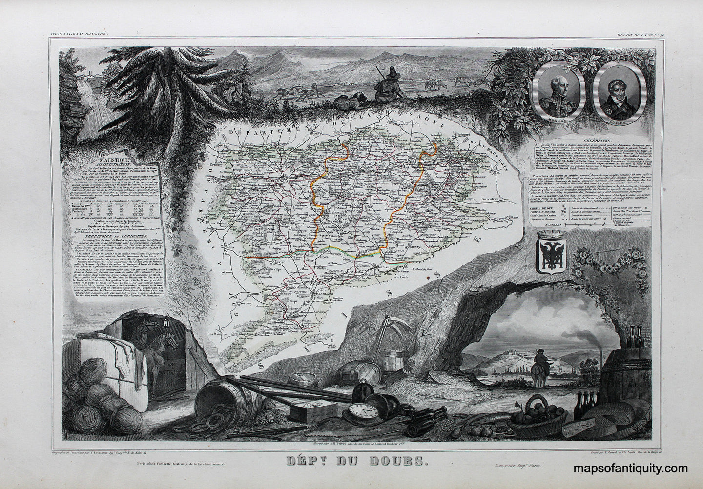 Antique-Hand-Colored-Map-Dept.-du-Doubs.-Europe-France-1851-Levasseur-Maps-Of-Antiquity