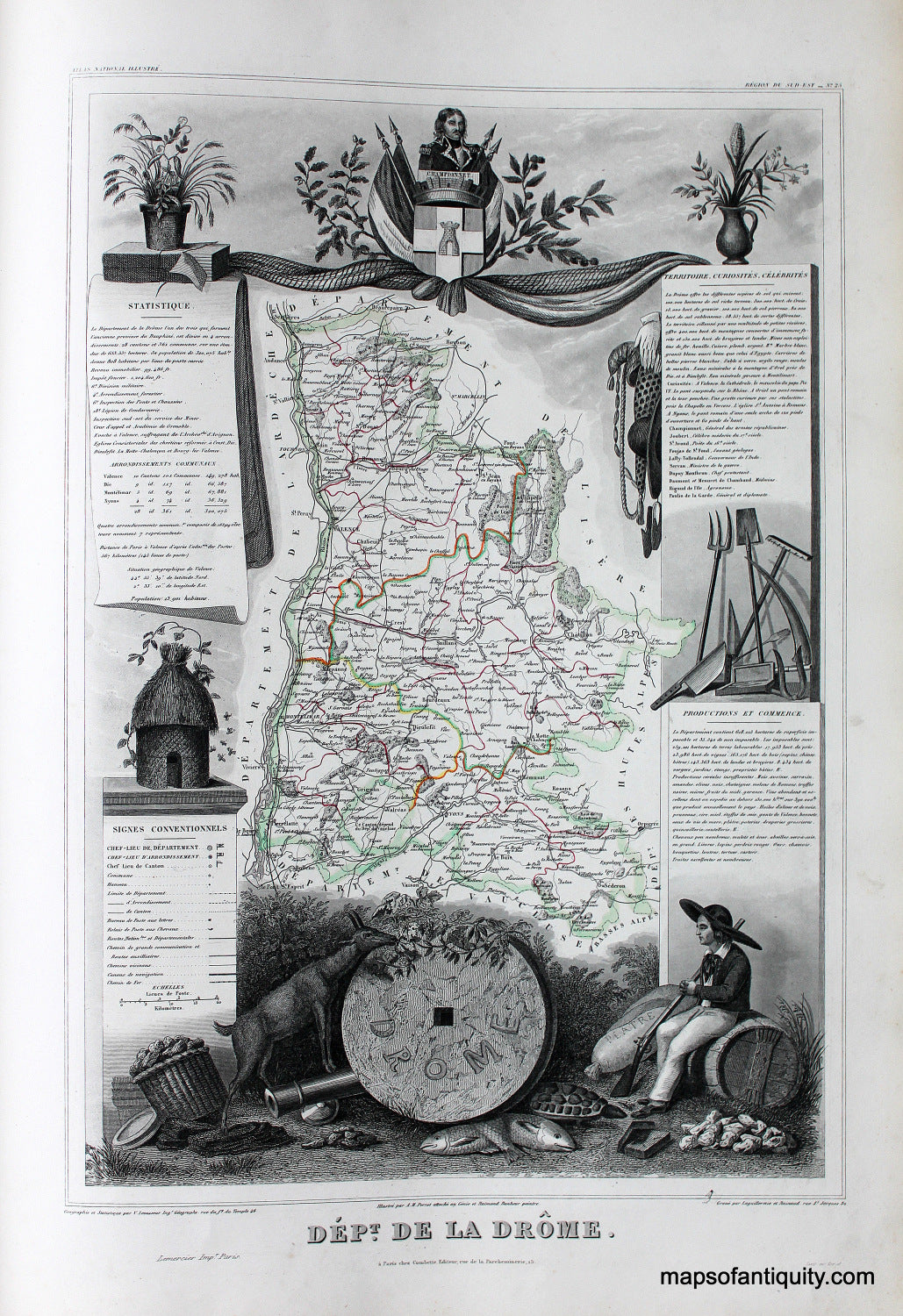 Antique-Hand-Colored-Map-Dept.-de-la-Drome.-Europe-France-1851-Levasseur-Maps-Of-Antiquity