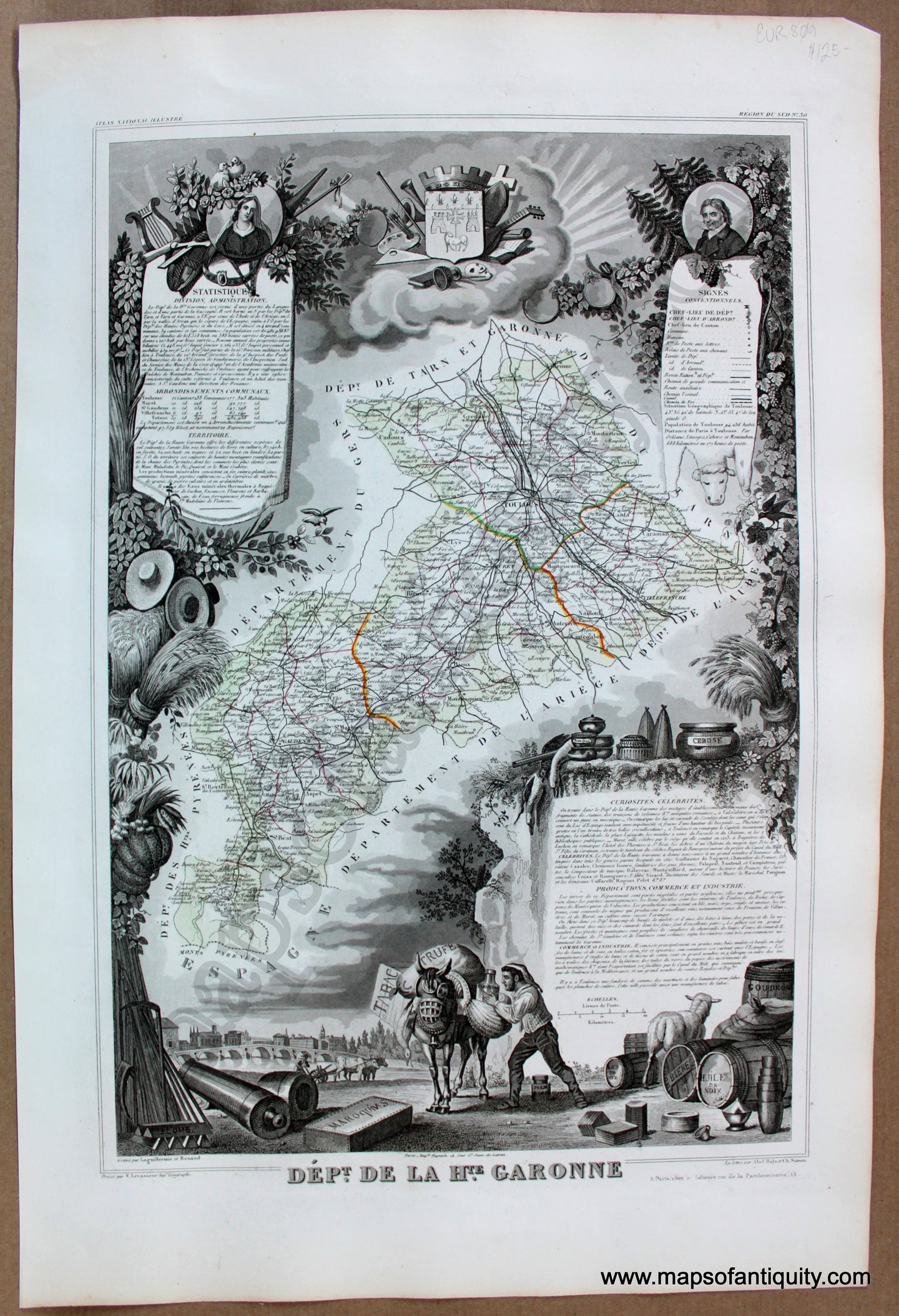 Antique-Map-France-French-Department-Dept.-de-la-Hte.-Garonne