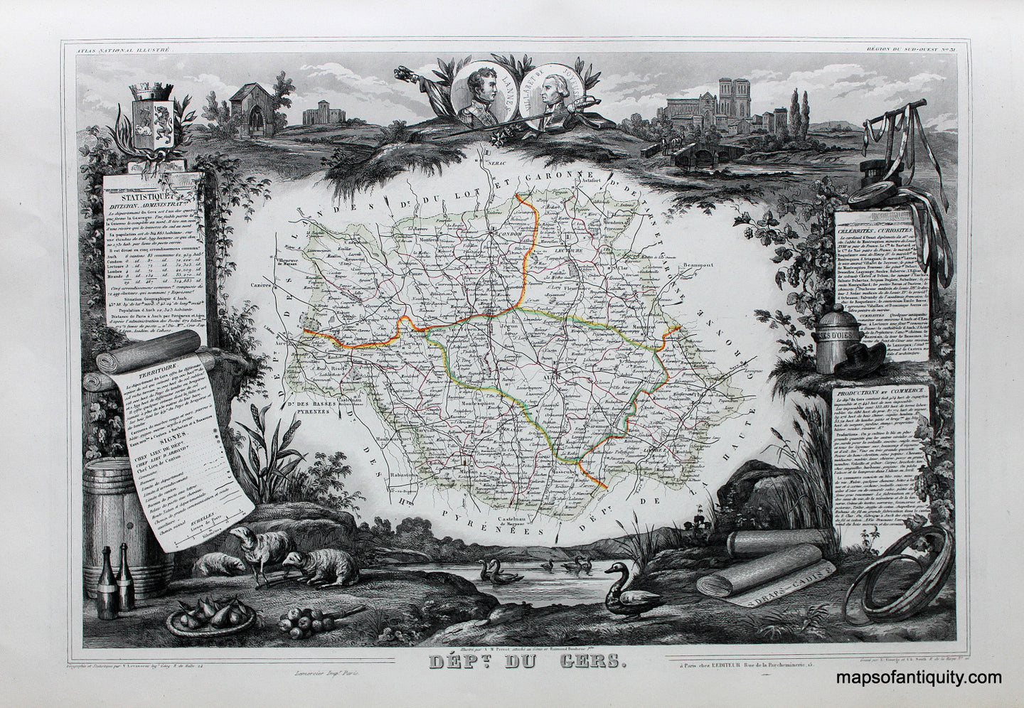 Antique-Hand-Colored-Map-Dept.-du-Gers.-Europe-France-1851-Levasseur-Maps-Of-Antiquity