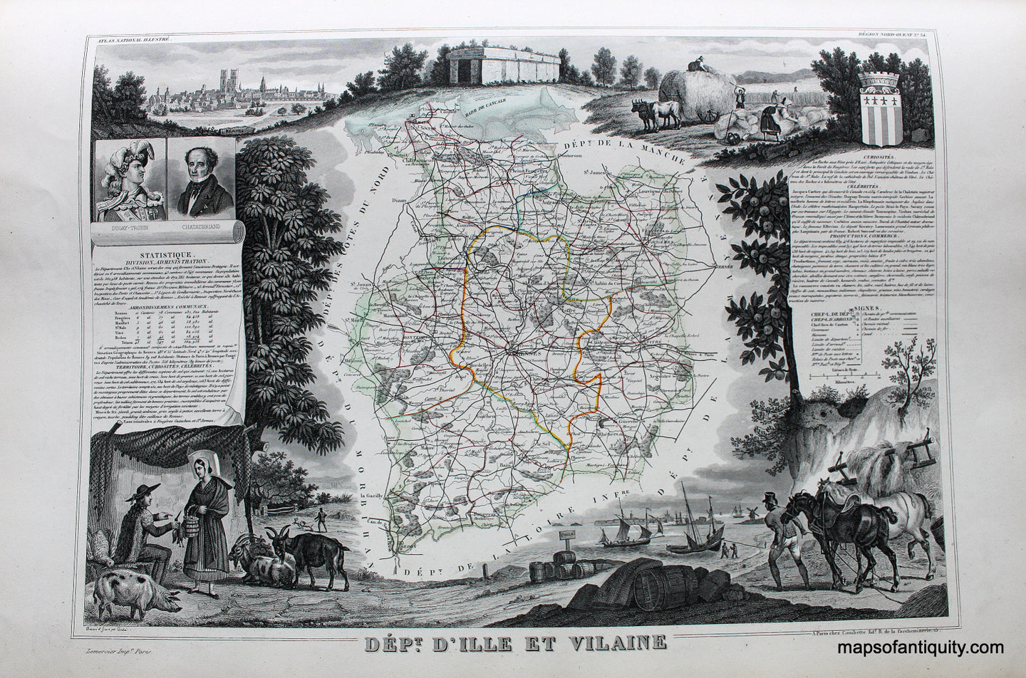 Antique-Hand-Colored-Map-Dept.-D'Ille-et-Vilaine-Europe-France-1851-Levasseur-Maps-Of-Antiquity